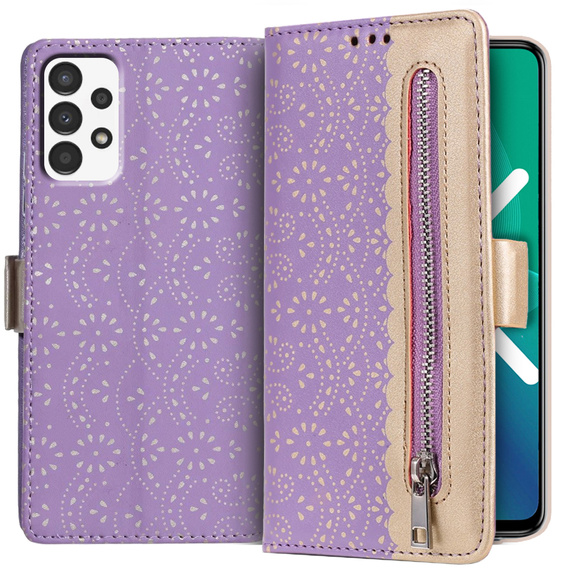 Калъф с капак за Samsung Galaxy A52 / A52s, Wallet Pocket Zipper Lace, лилав