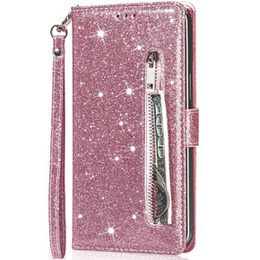 Калъф с капак за Samsung Galaxy A55, Wallet Zipper Pocket Glittery, розов rose gold