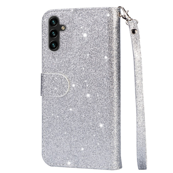 Калъф с капак за Samsung Galaxy A55, Wallet Zipper Pocket Glittery, сребърен