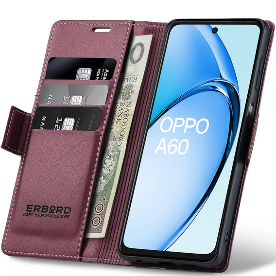 Калъф за Oppo A60, ERBORD Glossy Litchi, портфейл с капак, червен
