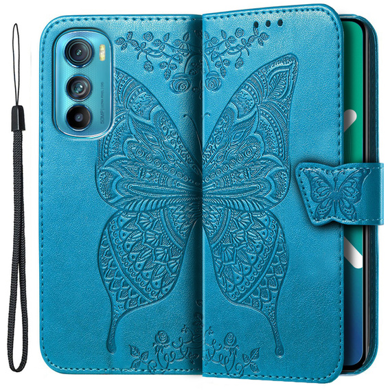 Калъф с капак за Motorola Edge 30, Butterfly, син