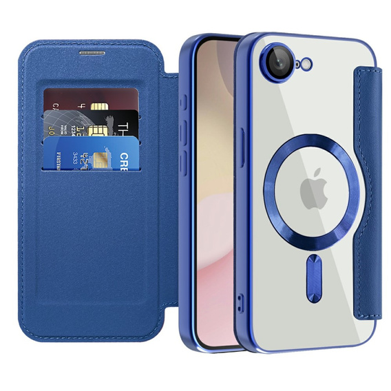 Калъф с капак за iPhone 16E, RFID Wallet MagSafe CamShield, тъмносин