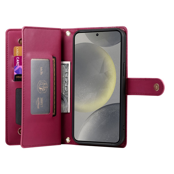 Калъф с капак за Samsung Galaxy S25, Wallet Zipper Pocket, червен