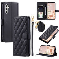 Калъф с капак за Samsung Galaxy S25+ Plus, Rhombus Crossbody Leather, черен