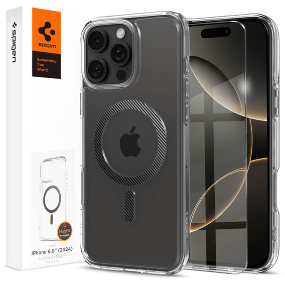 Калъфът MagSafe Spigen за iPhone 16 Pro Max, Ultra Hybrid, прозрачен + 9H закалено стъкло