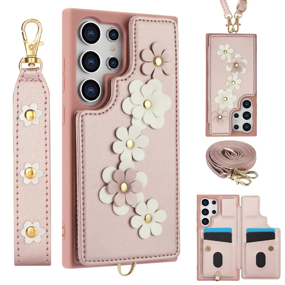 Калъфът за Samsung Galaxy S25 Ultra, Leather Flower Card Slot, розов