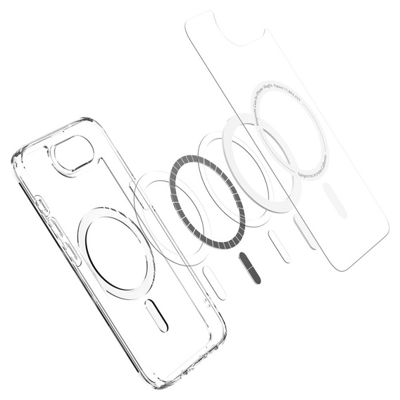Калъфът MagSafe Spigen за iPhone 16E, Ultra Hybrid, прозрачен / бял + 9H закалено стъкло