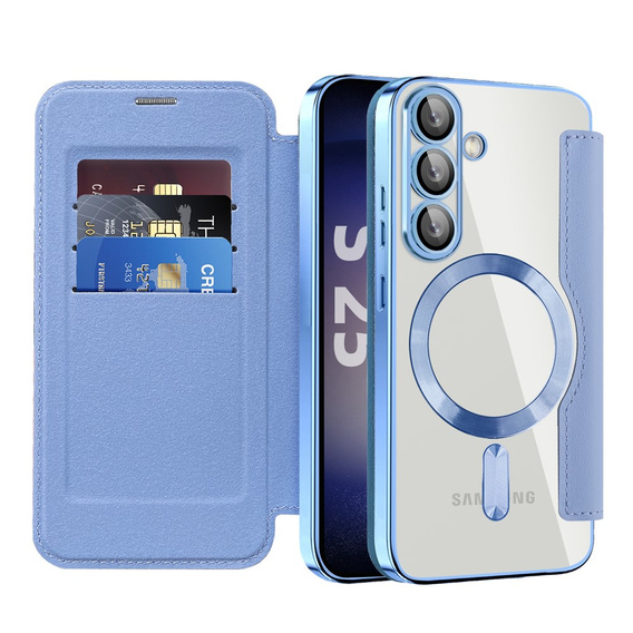 Калъф с капак за Samsung Galaxy S25+ Plus, RFID Wallet MagSafe CamShield, син