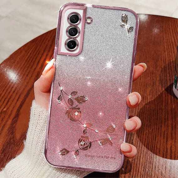 Калъф за Samsung Galaxy S21 FE, Glitter Flower, розов rose gold