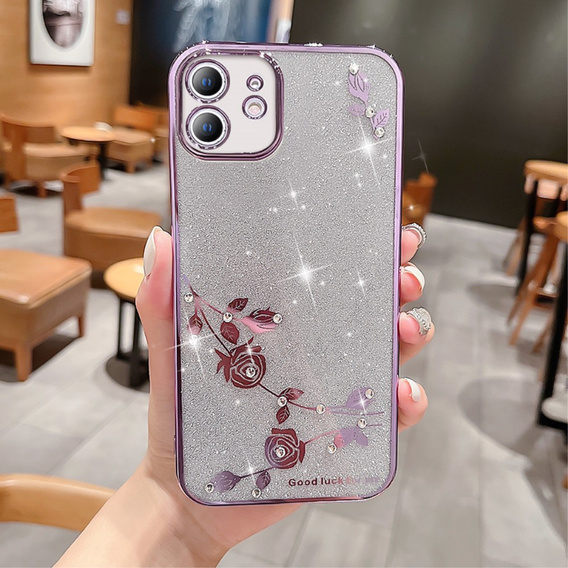 Калъф за iPhone 12, Glitter Flower, лилав