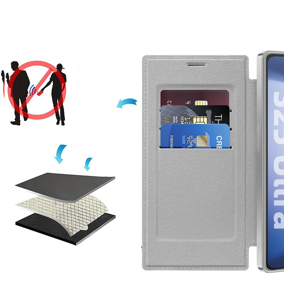 Калъф с капак за Samsung Galaxy S25 Ultra, RFID Wallet MagSafe CamShield, сребърен