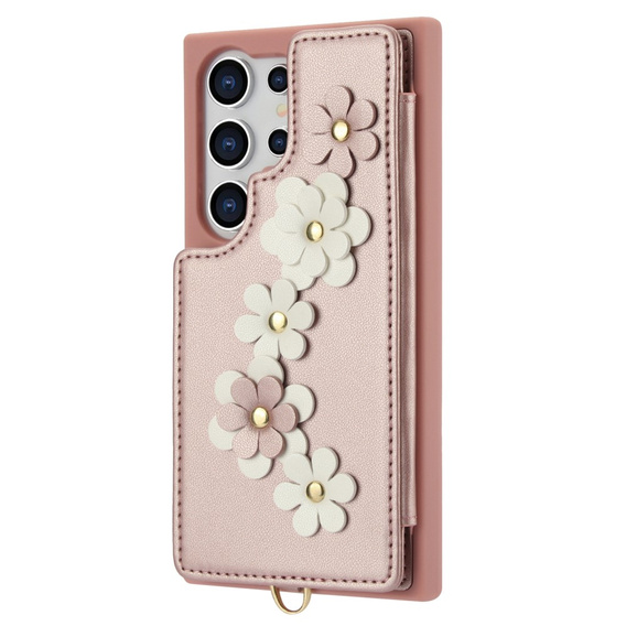 Калъфът за Samsung Galaxy S25 Ultra, Leather Flower Card Slot, розов