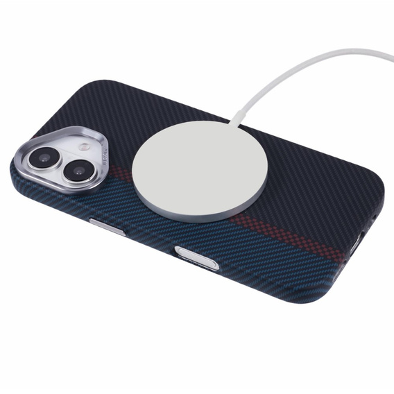 Калъфът за iPhone 16 Plus, Carbon Fiber MagSafe, черно / синьо