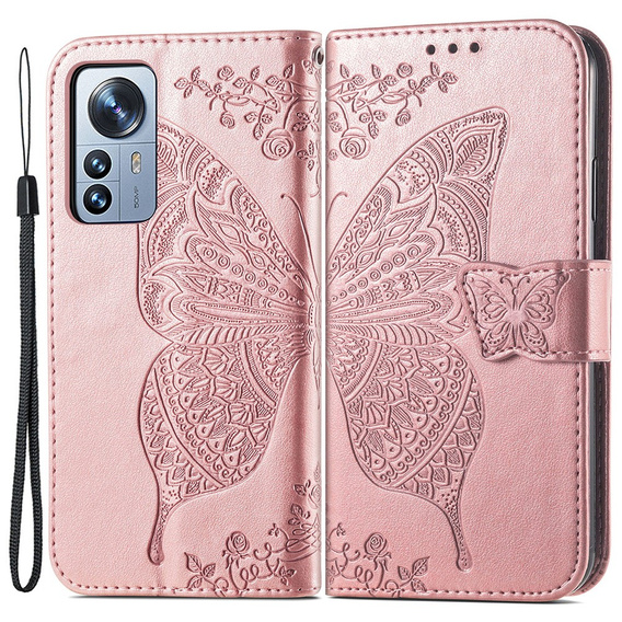 Калъф с капак за Xiaomi 12 Pro, Butterfly, розов rose gold