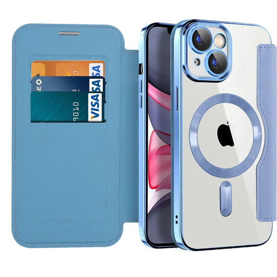 Калъф с капак за iPhone 14, RFID Wallet MagSafe CamShield, син